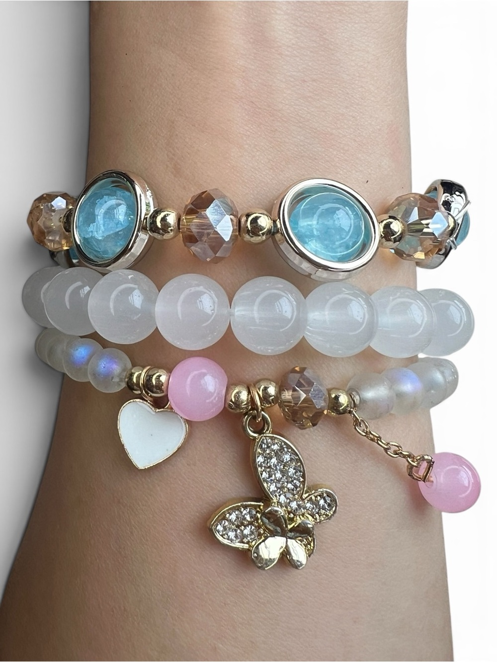 Glow in the Dark Butterfly Charm Beaded 3 Pieces Stretch Bracelet Set NWOT